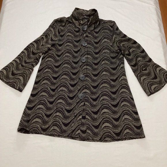 Ali Miles Women's Jacket M Black Metallic Wave Print Button Front Bell Sleeve - Picture 1 of 8